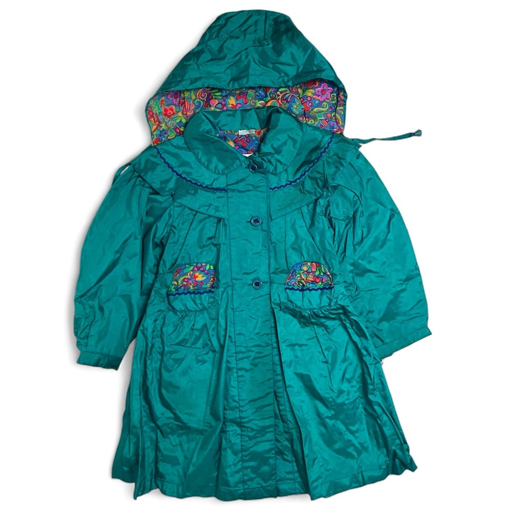 Vintage Kids Fall Jacket 6x Hooded Shiny Teal Multicolor Floral Cotton Lining